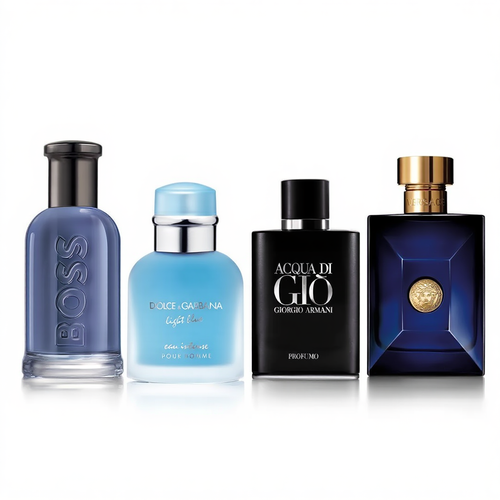Kit Mediteranean Proaspăt: Giorgio Armani Acqua di Giò Profumo + Dolce & Gabbana Light Blue Intense + Versace Dylan Blue + Hugo Boss Bottled Infinite