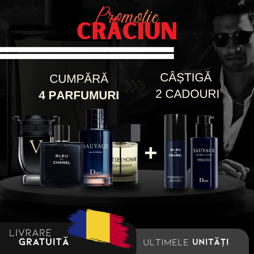 PROMOȚIE CRĂCIUN: Cumpărați 1, primiți 6 - Invictus + Bleu de Chanel + Sauvage + La Nuit de L’Homme (100ml) + 2 Cadouri Exclusiviste MASC